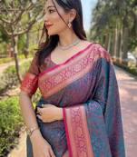 Women silk  Woven kashmiri designer blue color saree