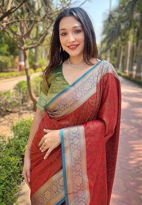 Women silk  Woven kashmiri designer red color saree 1