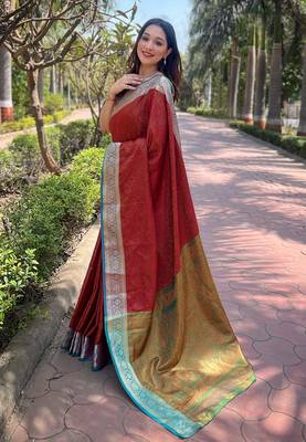Women silk  Woven kashmiri designer red color saree 2
