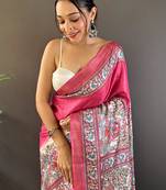Women tussar silk  Woven border,digital madhubani printed  pink color saree