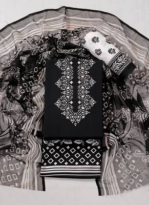 Black crepe printed summer collection unstitched suit with chiffon dupatta 1