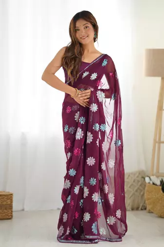 Women faux georgette multy sequance embroidery work wine color saree