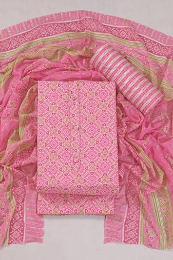 Pink cotton printed summer collection unstitched suit with cotton dupatta