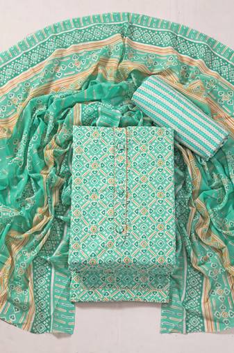 Turquoise cotton printed summer collection unstitched suit with cotton dupatta