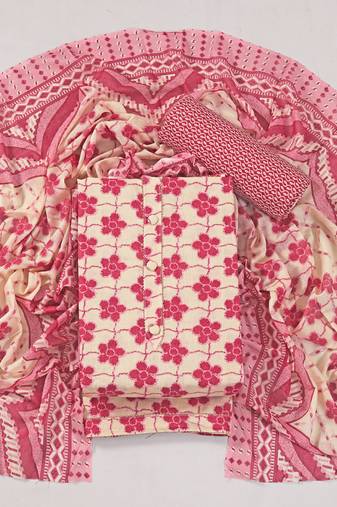 Cream cotton printed summer collection unstitched suit with cotton dupatta