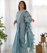 ready to wear sky blue colour premium quality zimmy choo party wear saree with blouse