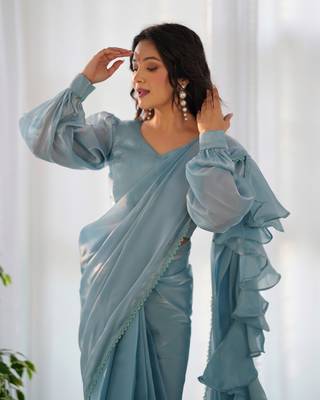 ready to wear sky blue colour premium quality zimmy choo party wear saree with blouse 4