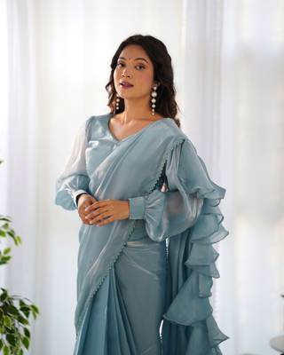 ready to wear sky blue colour premium quality zimmy choo party wear saree with blouse 5