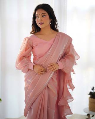 Peach Colour Premium Quality Zimmy Choo Party Wear Fully Stitched Saree With Blouse 5