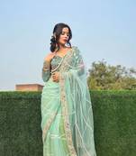 Light Green Colour Premium Net Fabric Handwork With Blouse
