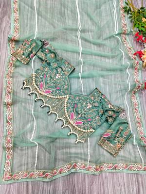 Light Green Colour Premium Net Fabric Handwork With Blouse 3