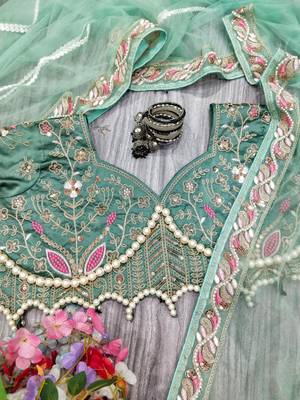 Light Green Colour Premium Net Fabric Handwork With Blouse 5