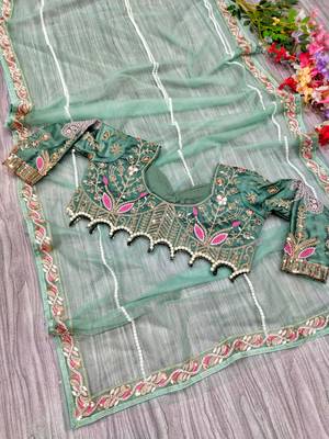Light Green Colour Premium Net Fabric Handwork With Blouse 6