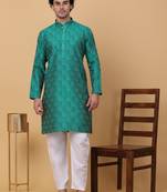 Men green silk blend jacquard kurta with pyjamas