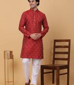 Men maroon silk blend jacquard kurta with pyjamas