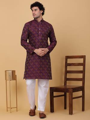 Men purple silk blend jacquard kurta with pyjamas 1