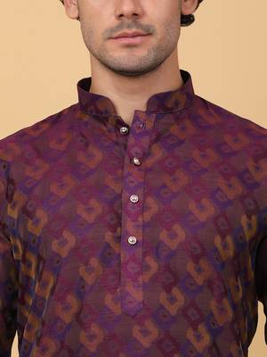 Men purple silk blend jacquard kurta with pyjamas 2