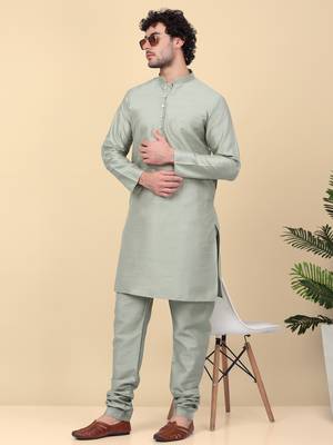 Men silk blend olive kurta and churidar 1