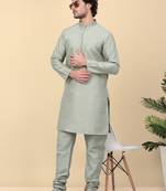 Men silk blend olive kurta and churidar