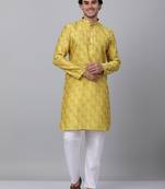 Men yellow silk blend jacquard kurta with pyjamas