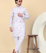 Men linen cream floral printed kurta with elastic waistband pyjama