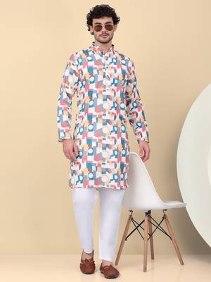 Men cotton peach and white geometric printed kurta with elastic waistband pyjama 1