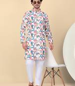Men cotton peach and white geometric printed kurta with elastic waistband pyjama