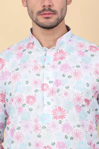 Men linen cream floral printed kurta with elastic waistband pyjama