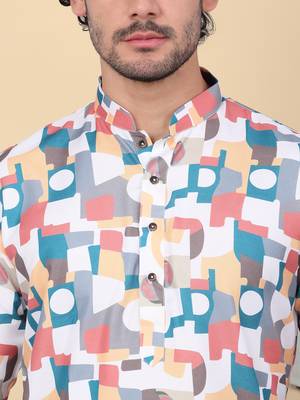 Men cotton peach and white geometric printed kurta with elastic waistband pyjama 2