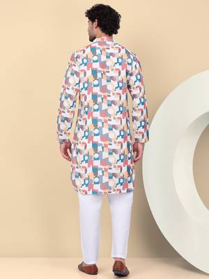 Men cotton peach and white geometric printed kurta with elastic waistband pyjama 3