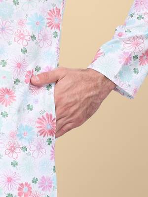 Men linen cream floral printed kurta with elastic waistband pyjama 4