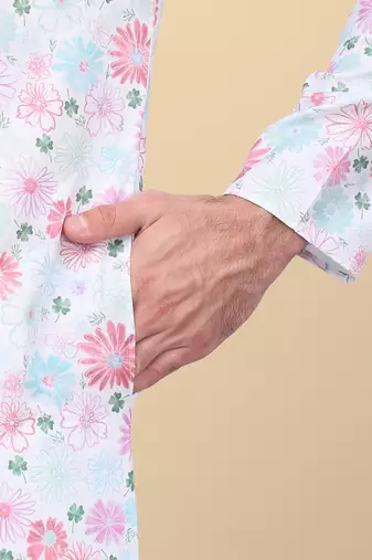 Men linen cream floral printed kurta with elastic waistband pyjama