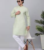 Men green linen solid kurta with pyjamas