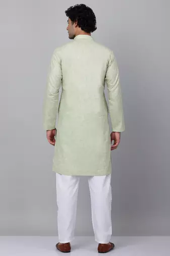 Men green linen solid kurta with pyjamas