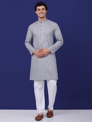 Men grey linen solid kurta with pyjama 1