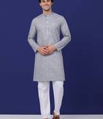 Men grey linen solid kurta with pyjama