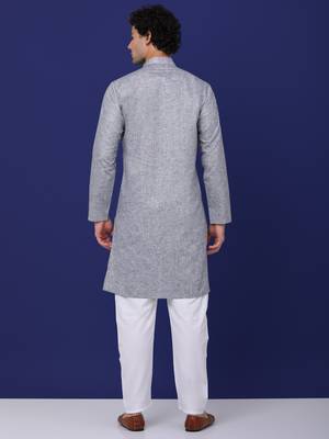 Men grey linen solid kurta with pyjama 3