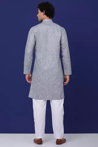 Men grey linen solid kurta with pyjama