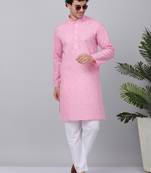 Men pink linen solid kurta with pyjamas