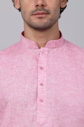 Men pink linen solid kurta with pyjamas