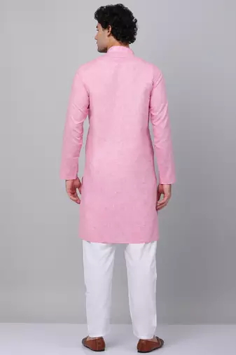 Men pink linen solid kurta with pyjamas