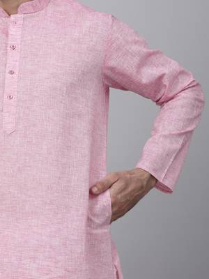 Men pink linen solid kurta with pyjamas 4