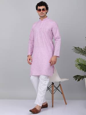 Men purple linen solid kurta with pyjamas 1