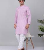 Men purple linen solid kurta with pyjamas