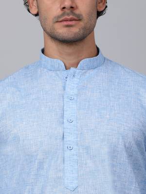 Men sky blue linen solid kurta with pyjamas 2