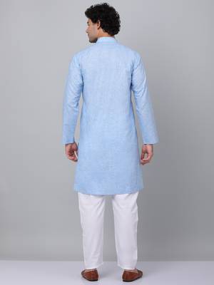 Men sky blue linen solid kurta with pyjamas 3