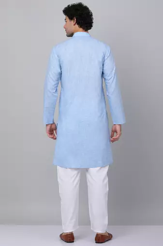 Men sky blue linen solid kurta with pyjamas