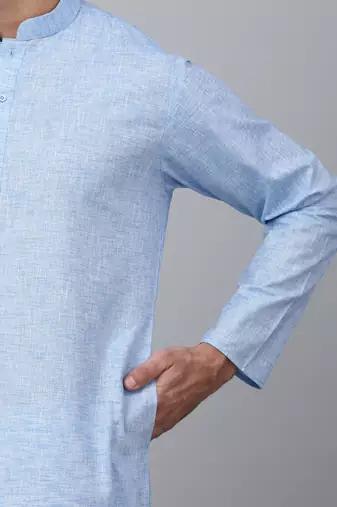 Men sky blue linen solid kurta with pyjamas