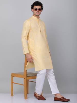 Men yellow linen solid kurta with pyjamas 1