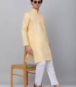 Men yellow linen solid kurta with pyjamas